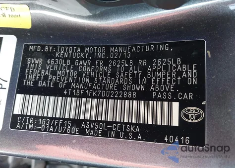 2013 Toyota Camry Se from USA, damaged, VIN 4T1BF1FK7DU222888